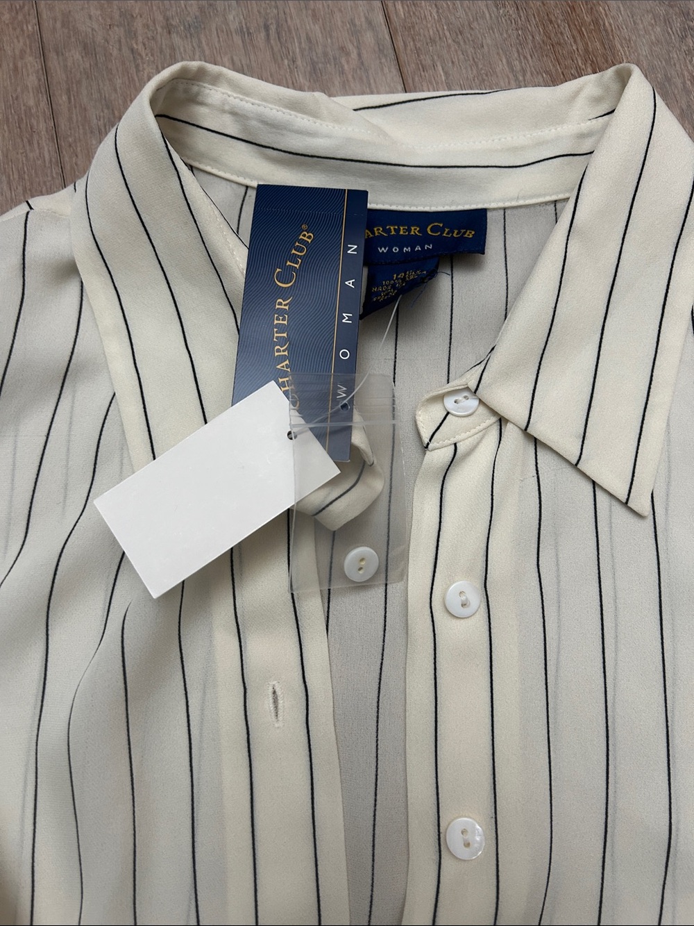 Charter Club Silk Cream Button-Down Shirt with black Pinstripes size 14 W - Picture 12 of 15